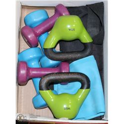 LOT OF WEIGHTS , KETTLE BELLS, RESISTANCE BAND &