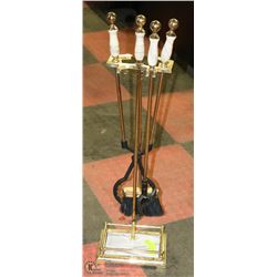 VINTAGE MARBLE, BRASS, CAST IRON FIREPLACE SET