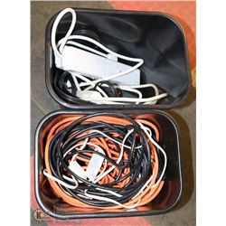 2 GARBAGE CANS WITH EXTENSION CORDS AND POWER BARS