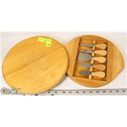 11" ROUND WOOD CHEESE BOARD WITH 5 KNIFE SET