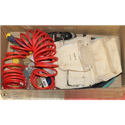 BOX OF TOOLS INCL SAWS, POUCH, CLAMPS, AIR HOSE &