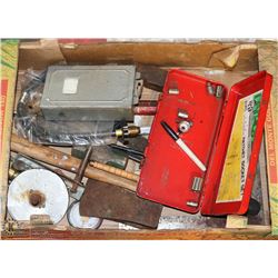 BOX OF ASSORTED TOOLS INCL DRILL BIT SET