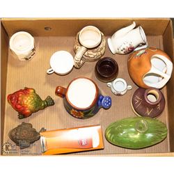 BOX WITH COLLECTIBLES INCL NEW BEER GLASS,