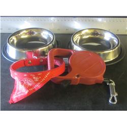 New Pet Bundle for small pets  / 2 stainless non skid bowls / retractible leash / collar with