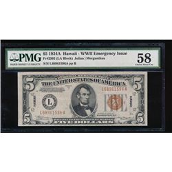 1934A $5 Hawaii Silver Certificate PMG 58