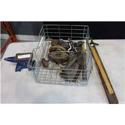 WIE BASKET WITH ANTIQUE IRONS AND TOOLS ETC