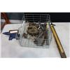 Image 1 : WIE BASKET WITH ANTIQUE IRONS AND TOOLS ETC