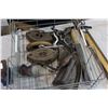 Image 2 : WIE BASKET WITH ANTIQUE IRONS AND TOOLS ETC