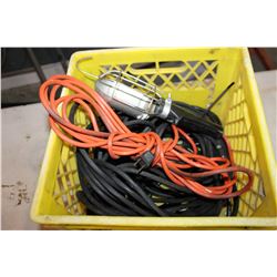 TOTE OF EXTENSION CORDS AND TROUBLE LIGHT
