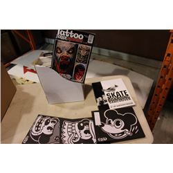 3 SMALL CANVAS PRINTS AND TATTOO AND SKATEBOARD MAGAZINES