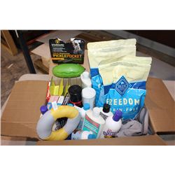 BOX OF DOG FOOD GROOMING SUPPLIES AND ITEMS