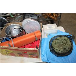 BOX OF CAMPING SUPPLIES AND TARP