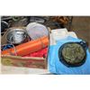Image 1 : BOX OF CAMPING SUPPLIES AND TARP