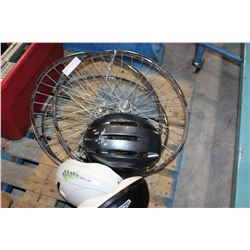 LOT OF BICYCLE RIMS AND HELMETS