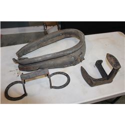 IRON COBBLES AND HORSESHOE BOOT SCRAPER AND HORSE COLLAR