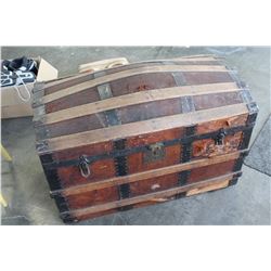 VINTAGE METAL WOOD AND LEATHER BOUND TRUNK