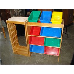 PINE SHELF WITH PLASTIC BINS AND PINE SHELF