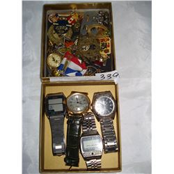 TRAY OF PINS AND FOUR MENS WATCHES