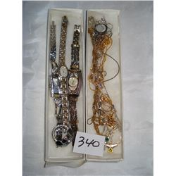 TRAY OF ESTATE PENDANTS ON CHAIN AND FOUR LADIES WATCHES