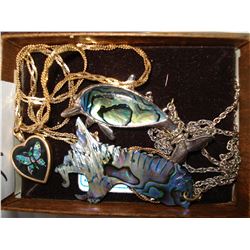 TWO MOTHER OF PEARL PENDANTS AND PIN