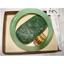 JADE BANGLE AND CARVING AND RING
