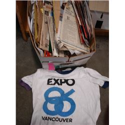 BOX OF EXPO 86 BROCHURES AND NEWSPAPER CLIPPINGS AND TSHIRT