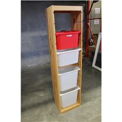 PINE SIX FOOT BOOKSHELF WITH PLASTIC BINS