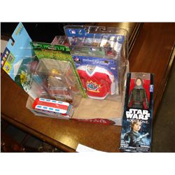 TRAY OF ACTION FIGURES AND TIN BUS