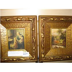 TWO SMALL REPRODUCTION GILT FRAMED PICTURES ON BOARD