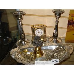 BROMA CLOCK METAL TROLLEY AND FIRETRUCK BELL AND SILVER TRAY AND CANDLE STICKS