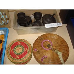 TOTE OF METAL BEADS AND EASTERN TEASET AND TWO WOVEN BASKETS