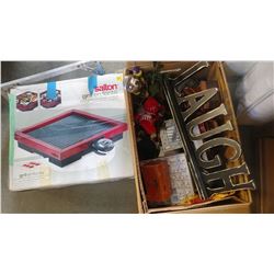 BOX OF WOODEN DECORATIONS AND GRILL