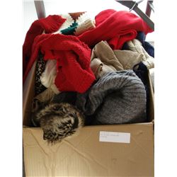 BOX OF WOOL SCARFS AND CLOTHING