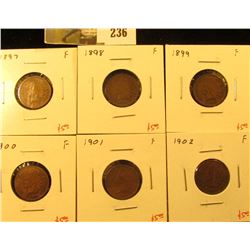 Group of 6 Indian Cents – 1897, 1898, 1899, 1900, 1901 & 1902, all F, group value $30