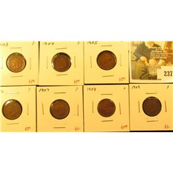 Group of 7 Indian Cents – 1903, 1904, 1905, 1906, 1907, 1908 & 1909, all F, group value $47