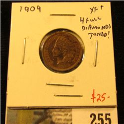 1909 Indian Cent, XF+ toned, 4 full diamonds, value $25