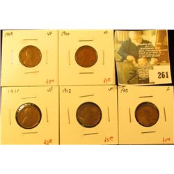 Group of 5 Lincoln Cents, 1909 VF, 1910 VF, 1911 VF, 1912 VF & 1913 F, group value $18.50