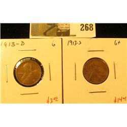 2 Lincoln Cents, 1913-D, G & 1913-S, G+, pair value $17