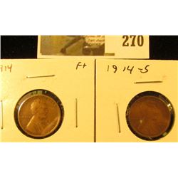 2 Lincoln Cents, 1914, F+ & 1914-S, VG, pair value $31