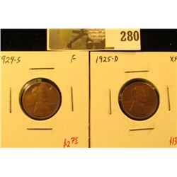 (2) Lincoln Cents, 1924-S F & 1925-D XF, pair value $15+