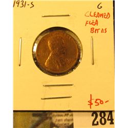 1931-S Lincoln Cent, G, cleaned with flea bites, low cost key date hole filler, value $50+