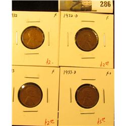 Group of 4 Lincoln Cents, 1932 F, 1932-D F, 1933 F & 1933-D F+, group value $12+