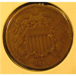 1864 Two Cent Piece, F, value $25