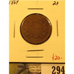 1867 Two Cent Piece, G+, value $20