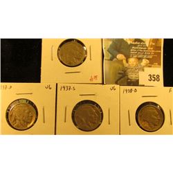 Group of (4) Buffalo Nickels, 1937 F, 1937-D VG, 1937-S VG, 1938-D F, group value $9+