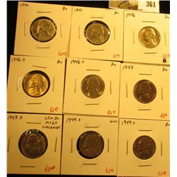 Group of (9) BU Jefferson Nickels, 1940, 1941, 1946PDS, 1947PD, 1949DS, all BU, great for a BU album
