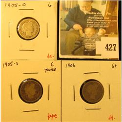 Group of (3) Barber Dimes, 1905-O, 1905-S, 1906, all G, group value $13