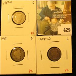 Group of (3) Barber Dimes, 1907-O, 1908, 1908-D, all G, group value $12