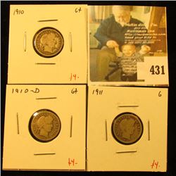 Group of (3) Barber Dimes, 1910, 1910-D, 1911, all G, group value $12