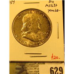 1954 Franklin Half Dollar, BU MS63+ toned, value $20